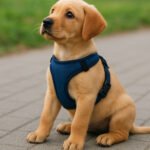 Cachorro labrador con arnés azul