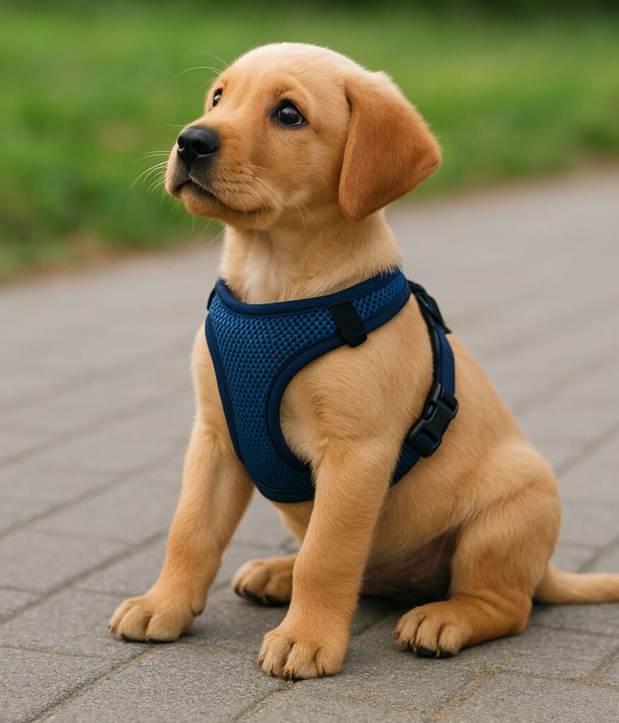 Cachorro labrador con arnés azul